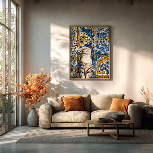 Azulejo cat tile poster styled in minimalist living room, playful kitten wall art print with decorative tiles