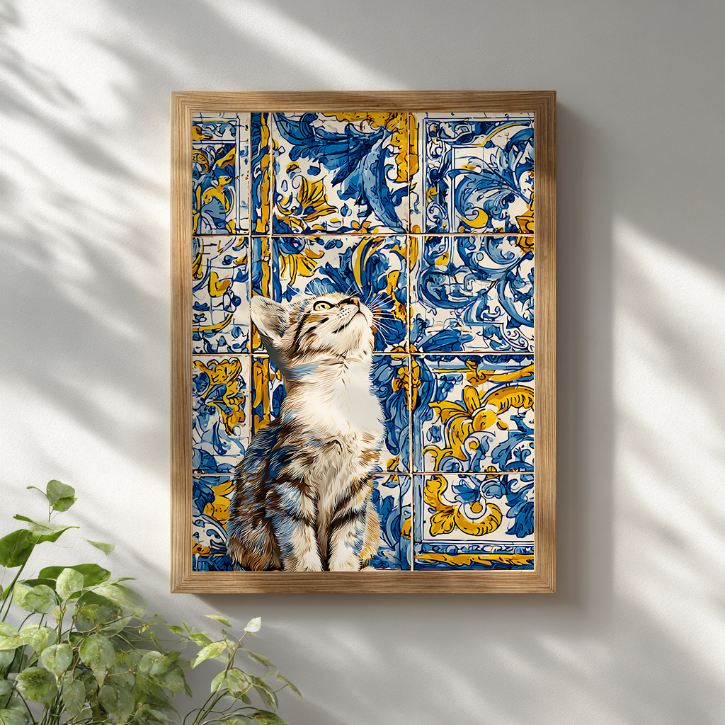 Azulejo cat tile poster in wooden frame on white wall, kitten wall art print with Mediterranean design