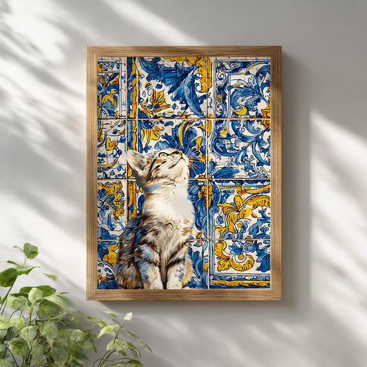 Azulejo cat tile poster in wooden frame on white wall, kitten wall art print with Mediterranean design
