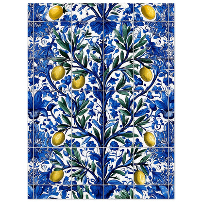 Azulejo floral pattern olive branch wall decor in cobalt blue and yellow

