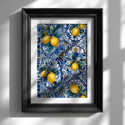 Mediterranean lemon tile pattern poster in black frame wall display