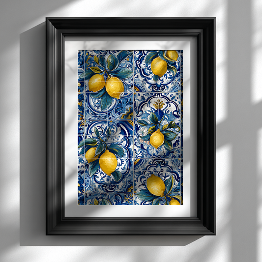 Mediterranean lemon tile pattern poster in black frame wall display