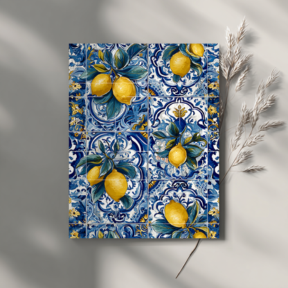 Close-up detail of hand-painted azulejo lemon pattern on grey background