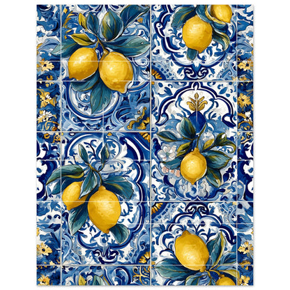 Artistic lemon pattern poster inspired by Portuguese azulejo tiles