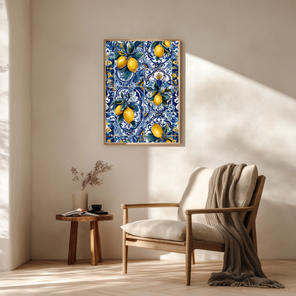 Azulejo lemon poster decorating cozy reading nook interior