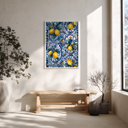 Mediterranean lemon poster above Scandinavian bench home decor