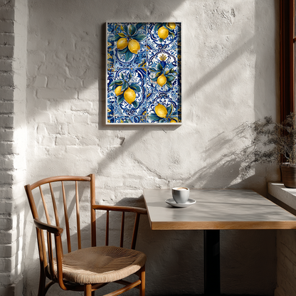 Hand-painted lemon tile poster in modern Scandinavian cafe setting