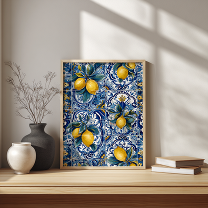 Azulejo lemon poster above minimalist Scandinavian desk workspace