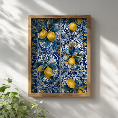 Hand-painted azulejo lemon poster displayed in wooden frame on white wall