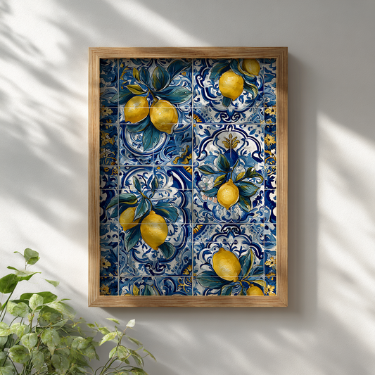 Hand-painted azulejo lemon poster displayed in wooden frame on white wall