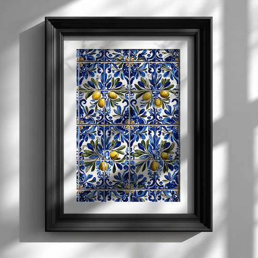 Hand-painted azulejo olive branch poster with blue floral design in black frame
