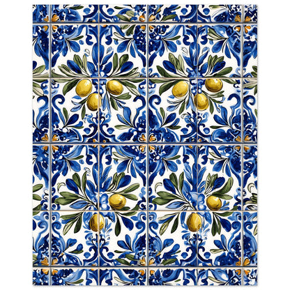 Hand-painted azulejo olive branch poster with traditional blue floral pattern