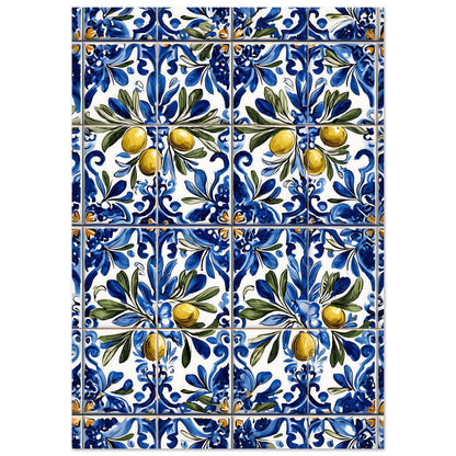 Authentic azulejo olive branch design poster Portuguese blue floral pattern