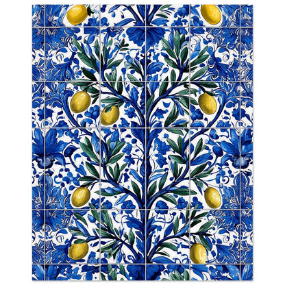 Azulejo olive branch poster with cobalt blue florals and yellow citrus accents


