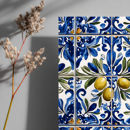 Detailed view of Mediterranean olive branch tile pattern artwork