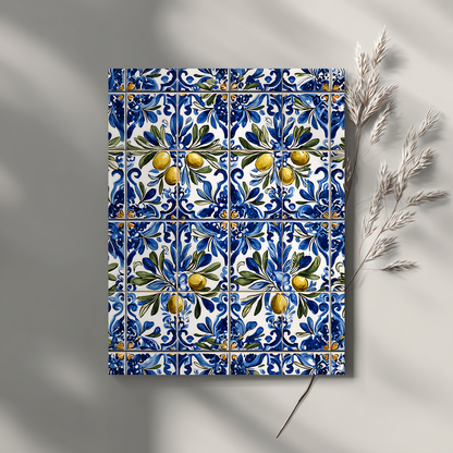 Close-up detail of hand-painted azulejo olive branch with blue florals