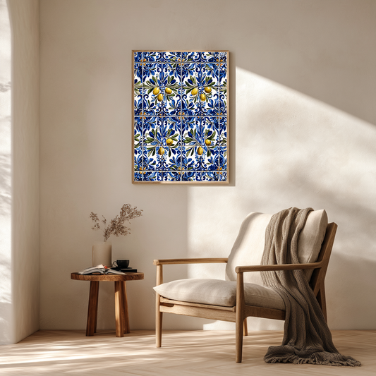 Blue floral olive branch azulejo poster decorating cozy reading nook