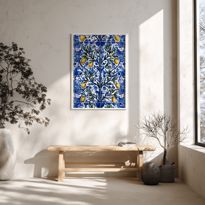 Hand-painted azulejo olive branch poster displayed on Scandinavian wooden bench in modern living room