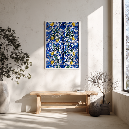 Hand-painted azulejo olive branch poster displayed on Scandinavian wooden bench in modern living room