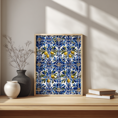 Azulejo olive branch poster above minimalist Scandinavian desk workspace