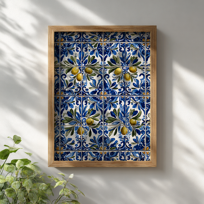 Blue floral azulejo olive branch poster displayed in wooden frame