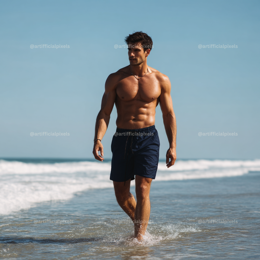 beautiful-glamour-beach-models-midjourney-ai-prompt-man-in-blue