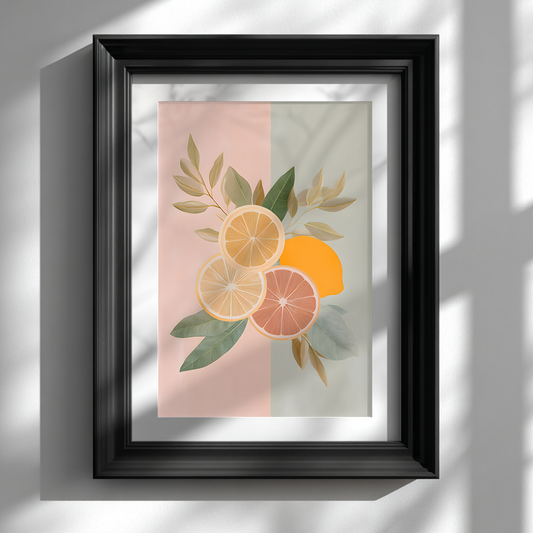 Mediterranean pastel lemon illustration in a black frame on a white wall, citrus art print with pink and sage tones, modern botanical wall art decor