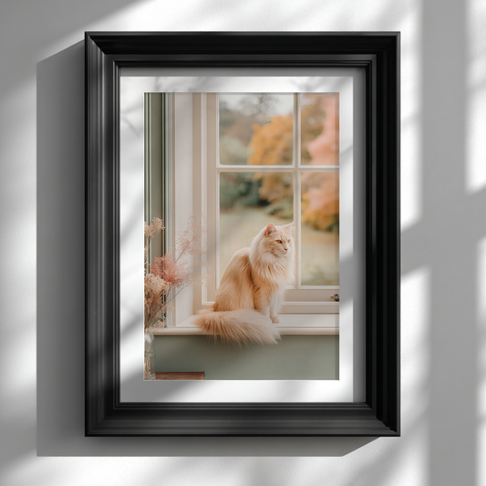 Cream cat sitting on a windowsill framed in black, with autumn trees outside. Minimalist feline wall art for modern interiors.