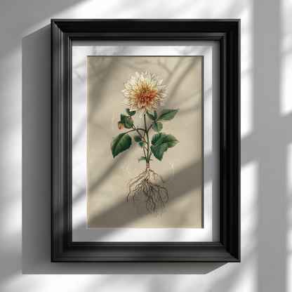 Framed botanical illustration of a dahlia with roots on a neutral background