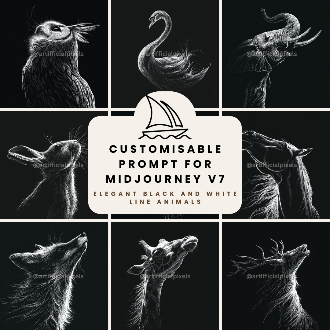 Black and white animal line art Midjourney prompt bundle cover featuring elegant minimalist design for digital artists and print creators

