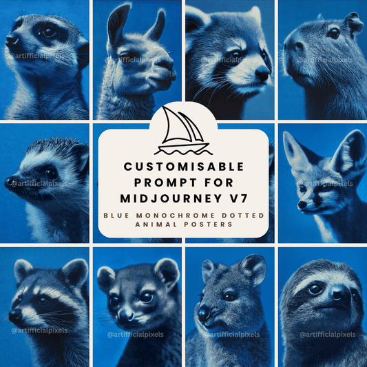 Collage of animal faces with a customizable prompt for Midjourney V7 on a blue background.