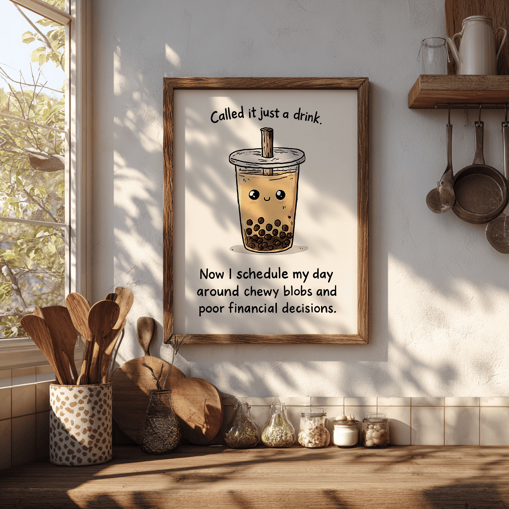 Boba tea visual art poster displayed in boho eclectic kitchen as quirky wall decor print
