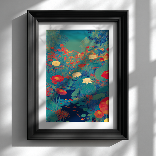 Bold lotus poster print in black frame mounted on white wall featuring vibrant pond flowers