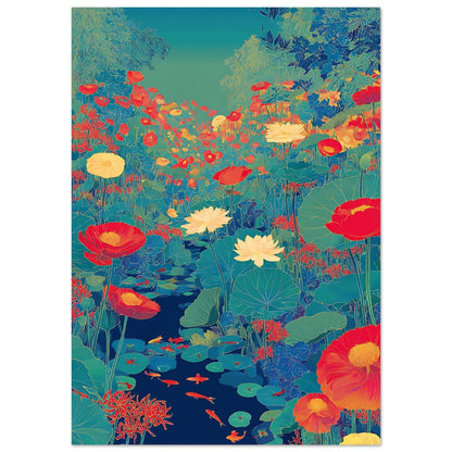 Close-up section of bold lotus poster print highlighting pond flowers and artistic detail