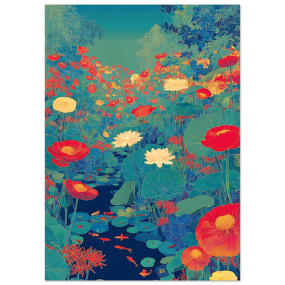 Close-up detail of bold lotus poster print showing vibrant pond scene with floral motifs