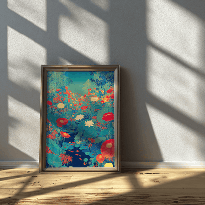 Bold lotus poster print in glass frame showcasing detailed pond and flower artwork