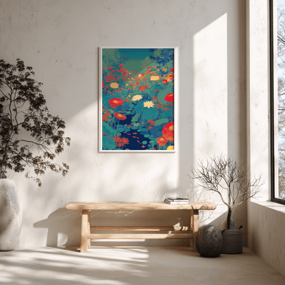 Bold lotus poster print styled with Scandinavian bench showing colourful pond and lotus flowers