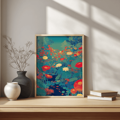 Bold lotus poster print displayed on Scandinavian style desk setup with colourful floral pond design