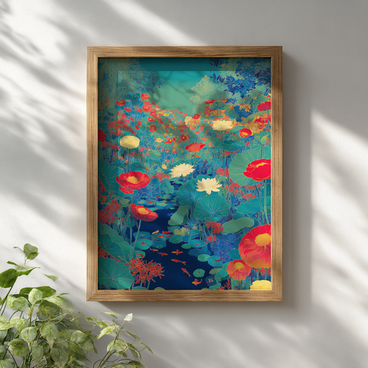 Bold lotus poster print displayed in wooden frame on white wall showing colourful pond and floral detail