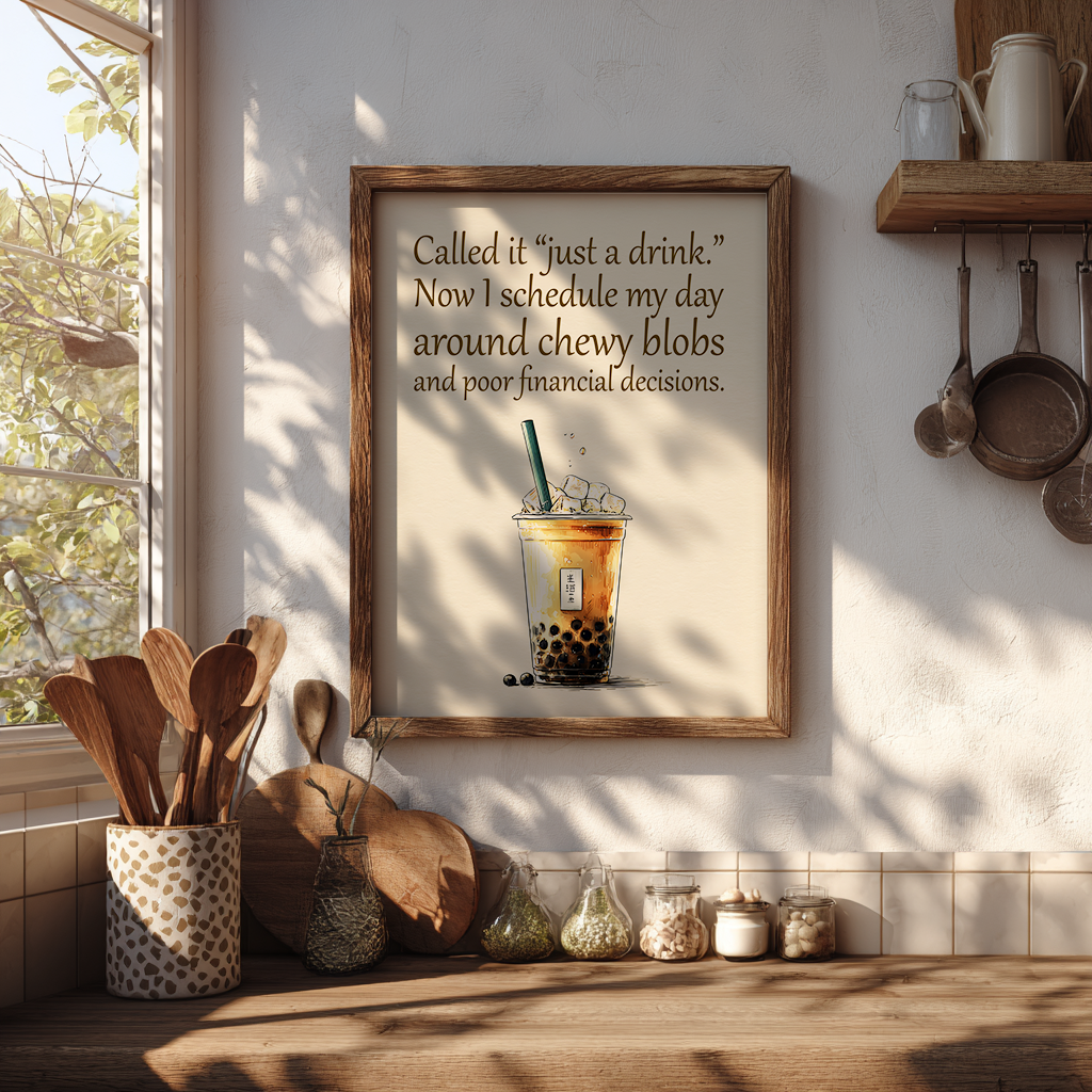 Bubble tea inspirational poster with humorous quote displayed as wall decor in boho eclectic kitchen

