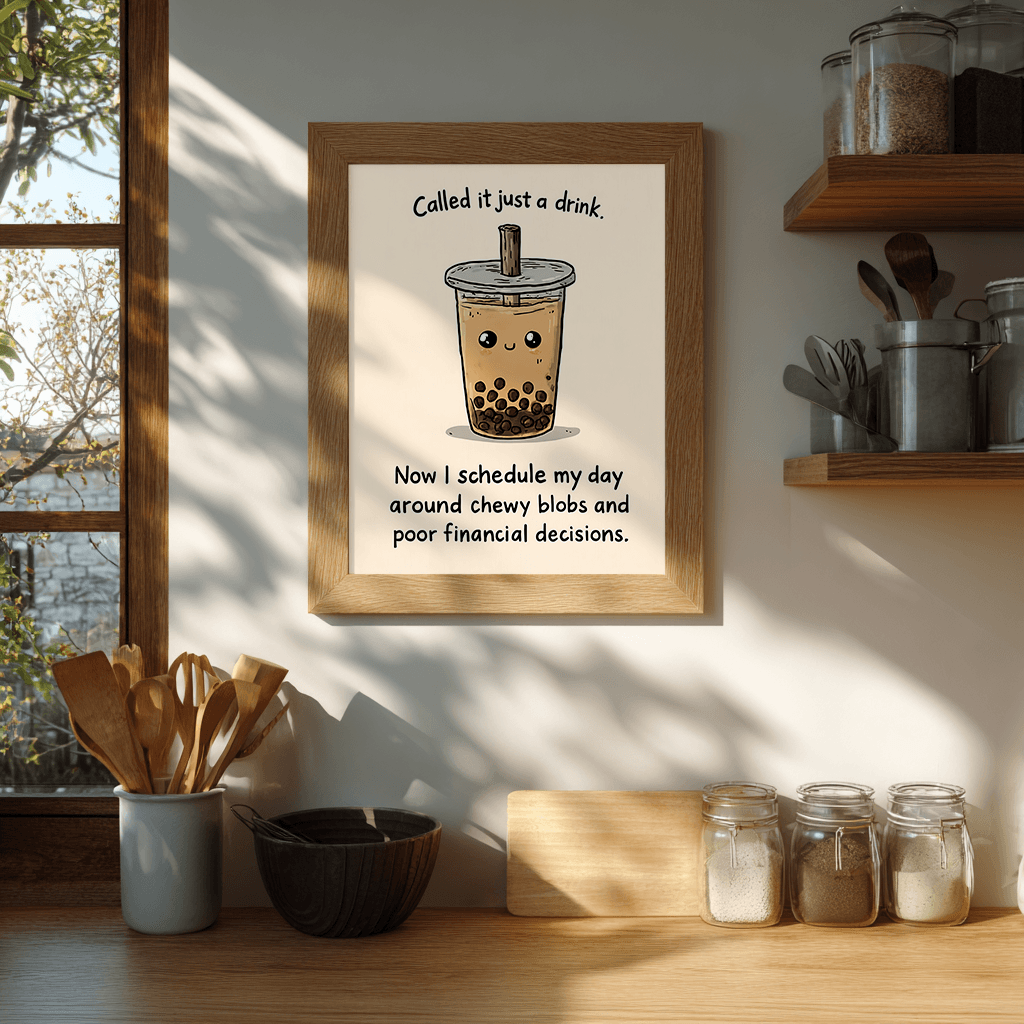 Bubble tea inspirational quote poster displayed as wall art in minimalist kitchen decor setting
