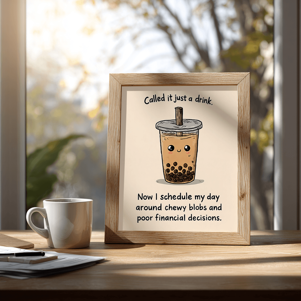 Bubble tea inspirational poster artwork displayed on wooden desk front view as visual art print
