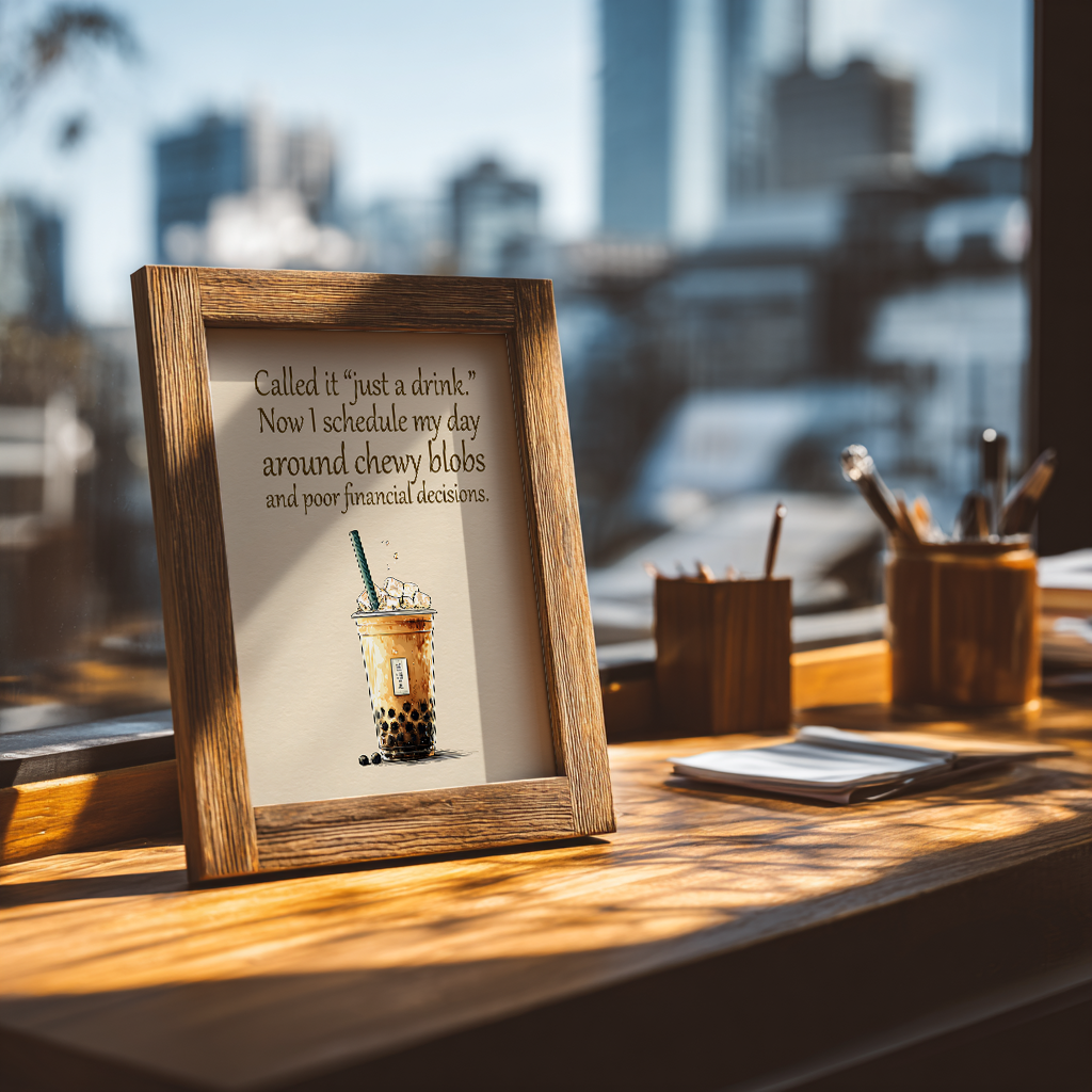 Bubble tea quote print with inspirational message displayed at angle on natural wooden desk surface

