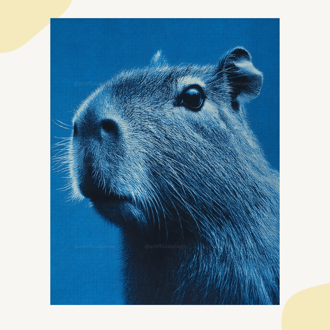 Capybara portrait in blue monochrome pointillism filter perfect for print-on-demand and digital art marketplace sales

