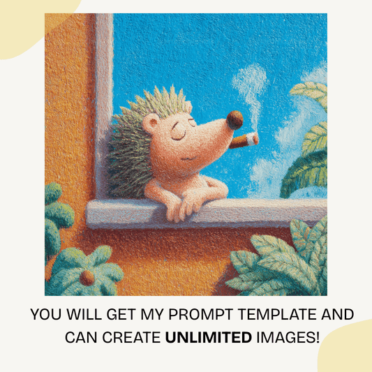 Whimsical cartoon animals smoking in colorful crayon art style created with Midjourney AI prompt for wall art and prints

