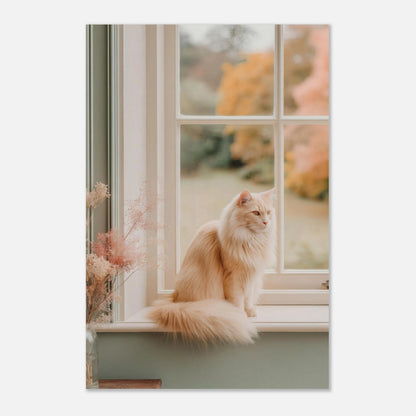 24x36 inch oversized cat-on-windowsill poster featuring cream cat and autumn tones. Ideal focal wall art for contemporary homes.