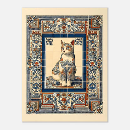 Decorative cat poster print in 12x16 size, ornate mosaic tile wall art on plain background