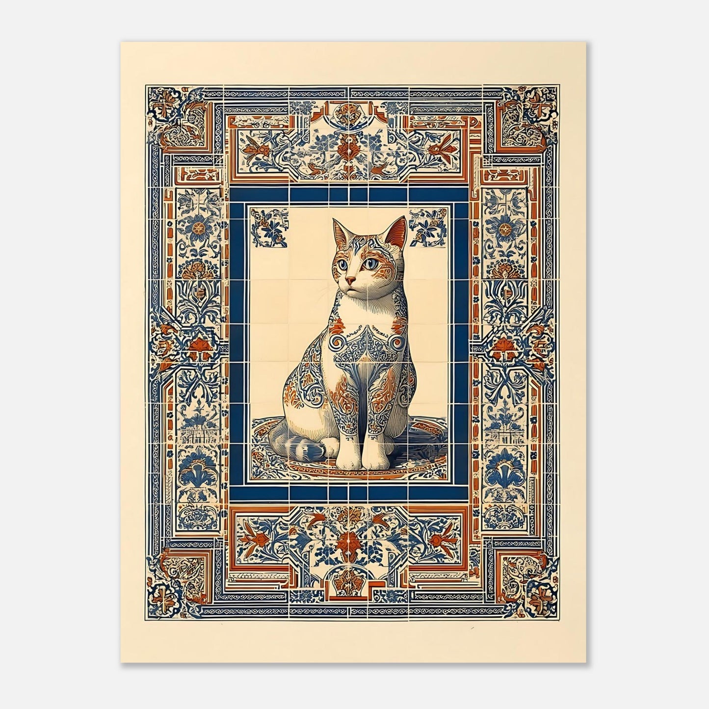 Ornate cat poster in 18x24 size, tile mosaic wall art print for vintage interior styling