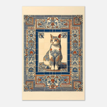 Ornate cat poster print in 24x36 size, large mosaic tile wall art for statement decor