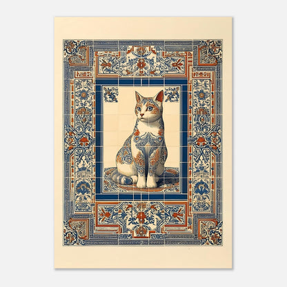 Ornate cat poster A2 size, vintage mosaic tile art print for eclectic home decor